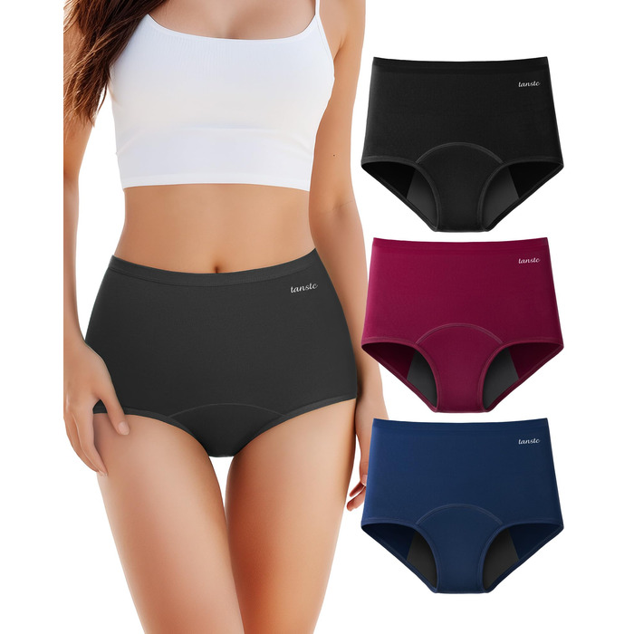 Труси для критичних днів TANSTC з сильною поглинанням, бавовна, для жінок та дівчат, висока талія, 3 шт. (Темно-синій + Чорний + Бордовий, XL)