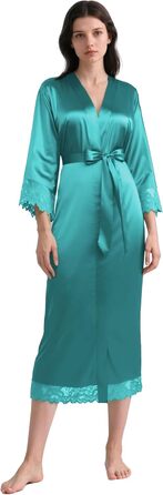 Халат жіночий довгий/короткий однотонний мереживний, шовковий сатин, кімоно, для дому, літній, BABEYOND, універсальний розмір (єдиний розмір, блакитний павич)