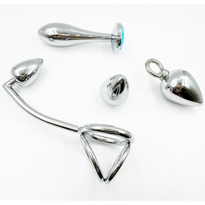 Анальний гачок ScreaAss з кільцем для пеніса, кільцем для яєчок та 4 анальними пробірками, набором для BDSM, металевий, срібний, 50 мм