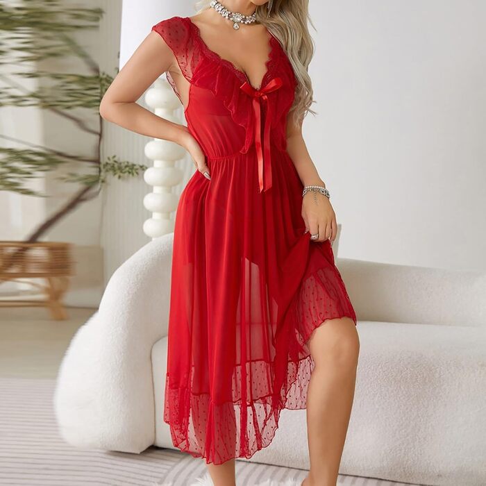 Екзотична нічна сорочка Exy Deou для жінок: прозора, з V-подібним вирізом, на бретелях, відкрита спина. Ідеальна для вечірки, Косплею, Дня святого Валентина та еротичних вечірок. Червоний колір.
