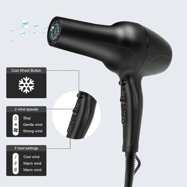 Іонний фен для волосся QL 2200W з безщітковим AC-мотором, дифузором та настінним кріпленням, матовий чорний — для готелів, салонів та дому