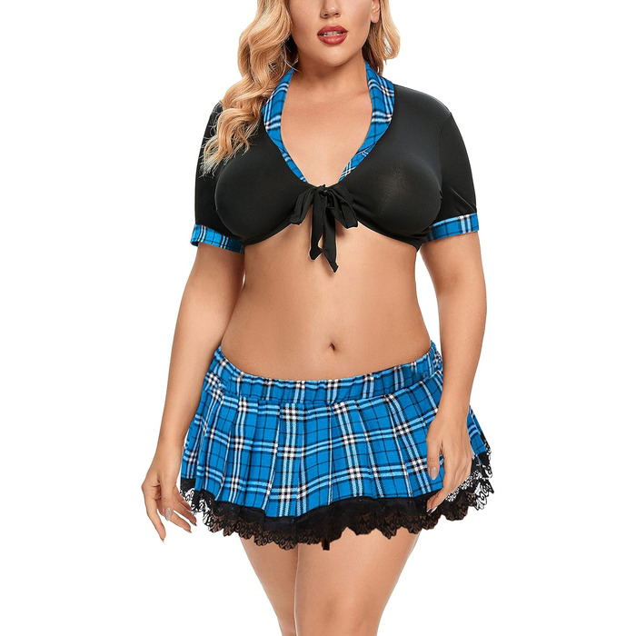 Костюм школярки JuicyRose Plus Size: комплект з топом на зав'язках та міні-спідницею (блакитний, XL)