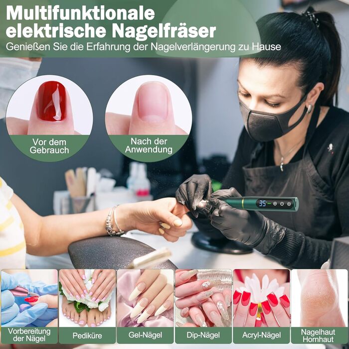 Професійний бездротовий апарат для манікюру та педикюру NAILGIRLS 35000 об/хв, електрична пилка для нігтів 11 в 1, портативний фрезер для гель-лаків та акрилу (Зелений)