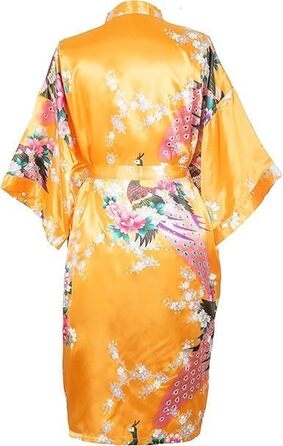 CCcollections Халат жіночий кімоно з легкого атласу з принтом павича, V-подібний виріз та 3/4 рукав (універсальний розмір, помаранчевий)