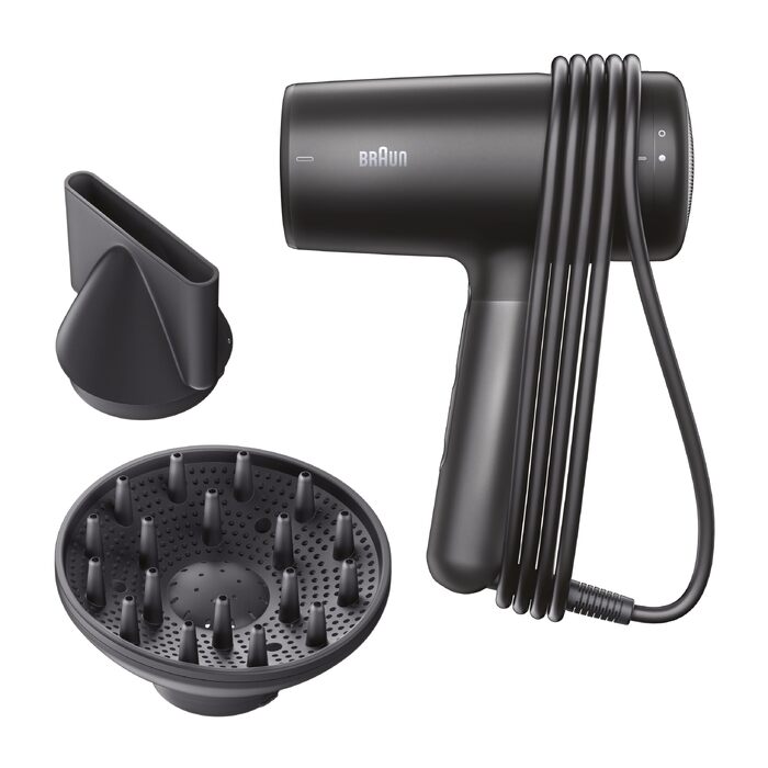 Фен для волосся Braun Haartrockner HD4.2 з дифузором та насадкою для стайлінгу, технологія Super IONTEC, 2100 Вт, 3 температури та 3 швидкості, чорно-сірий, BRHD425E