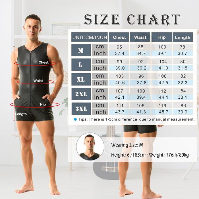 Чоловічі шорти без рукавів QiaTi з блискавкою, з екошкіри, боді з двома кишенями для повсякденного носіння та клубів (3XL, чорний)