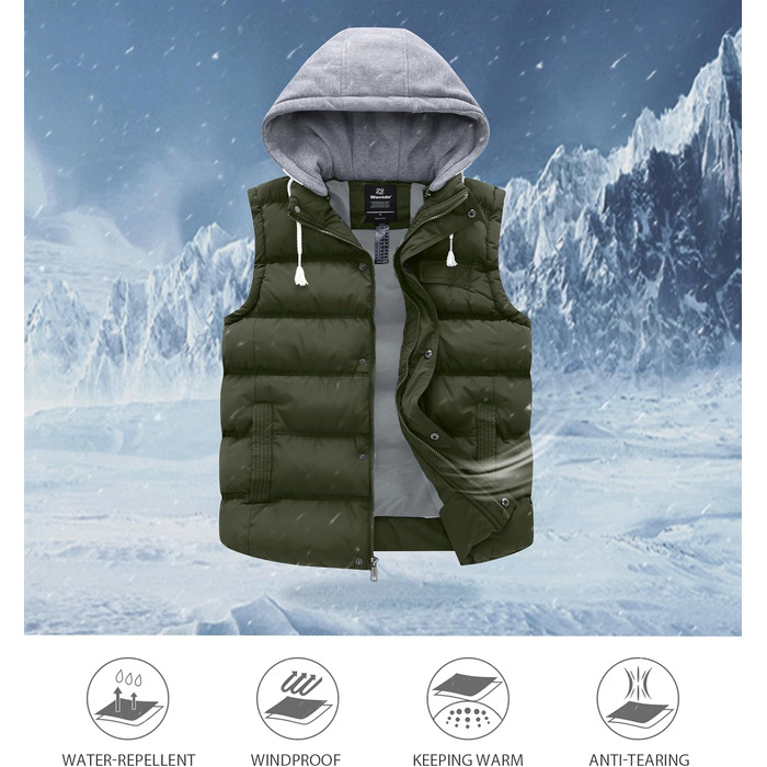 Чоловічий зимовий жилет Wantdo Outdoor з капюшоном, стібаний безрукавник, колір армійський зелений, розмір M