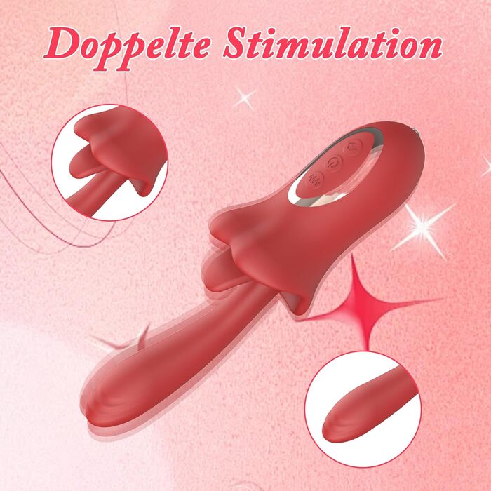 Вібратор жіночий кліторальний та точковий G-Spot Dildo з язичковим стимулятором – 10 режимів вібрації, силікон, червоний