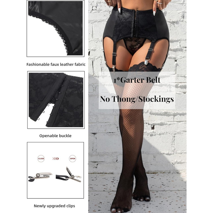 Чорний шкіряний корсет-стрінг з 6 гачками для жінок, великі розміри. Сет сексуальної білизни Straps.