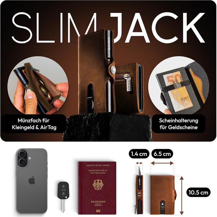 Розумний гаманець SLIMJACK з монетницею та RFID-захистом, чоловіковий тримач для карток з алюмінію та шкіри, світло-коричневий