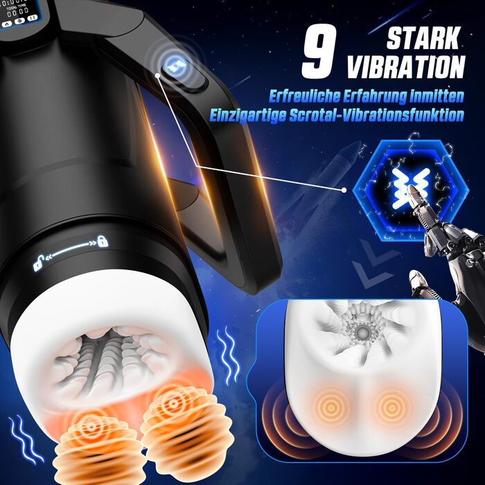 Інтимна іграшка для чоловіків Eanatoys з 9 вібраціями, телескопічною функцією, 3D-реалістичною вагіною та LCD-дисплеєм. Чорний колір