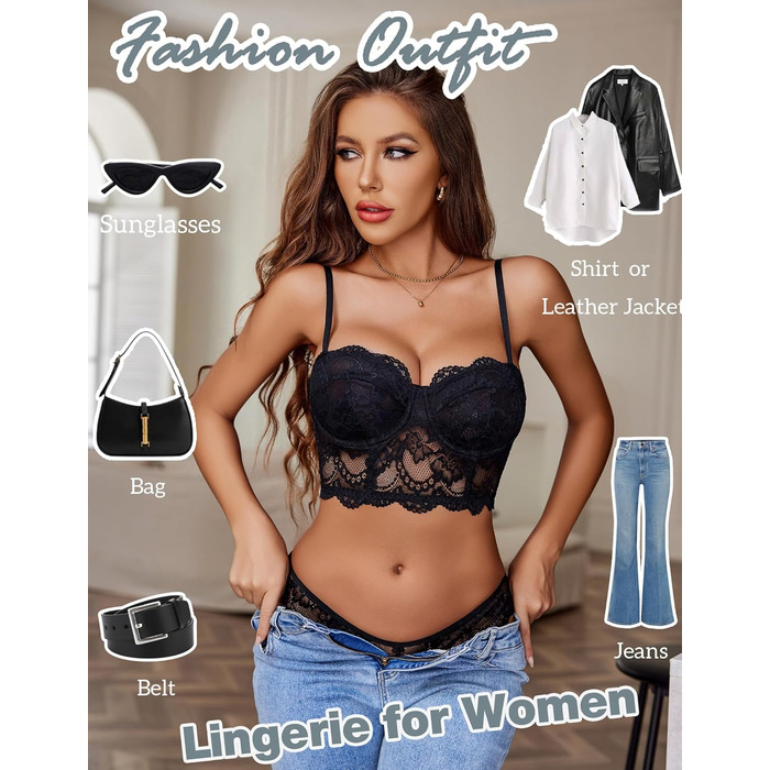 Avidlove Комплект нижньої білизни для жінок: мереживний бюстгальтер з кісточками та трусики Push-up, чорний