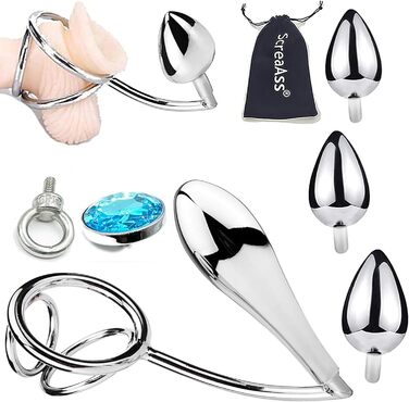 Анальний гачок ScreaAss з кільцем для пеніса, кільцем для яєчок та 4 анальними пробірками, набором для BDSM, металевий, срібний, 50 мм