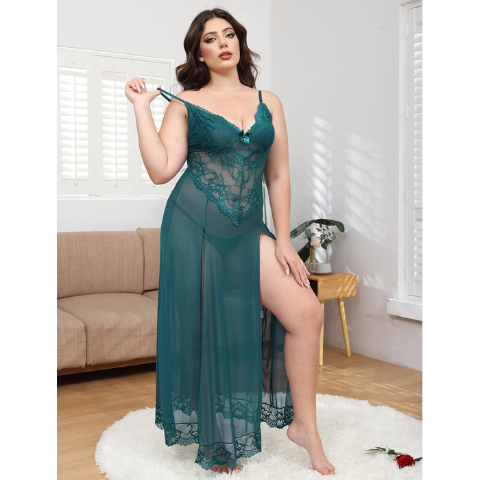 Ідеальний мереживний нігтьний халат IBAKOM Dessous з V-подібним вирізом для жінок, великі розміри (XL, Зелений)