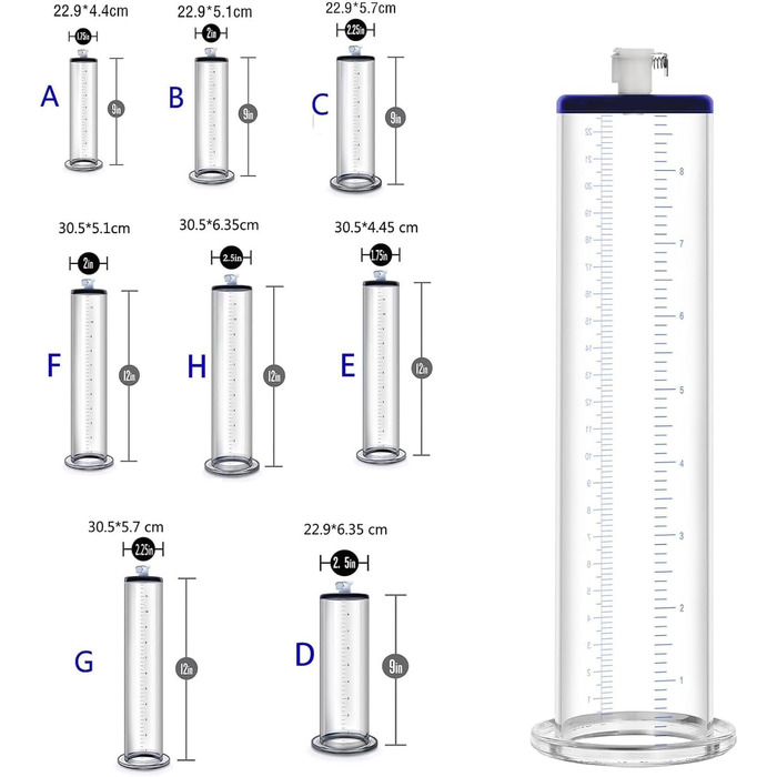 Аксесуари для пеніс-помпи LZYLWC з лазерним гравіюванням розмірів - комплект для апгрейду та заміни, циліндр пеніс-помпи з акрилу для збільшення та ерекції пеніса (A/9 * 1.75inch)