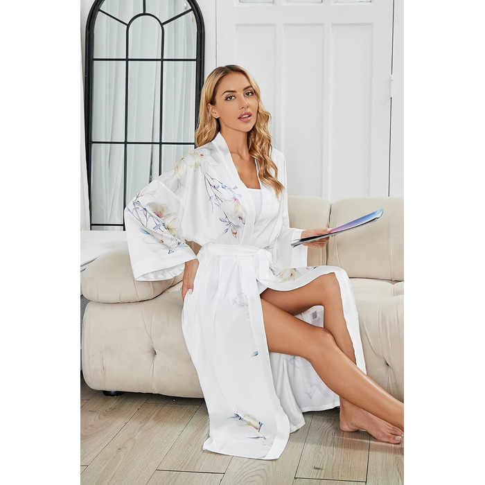 Жіночий шовковий халат-кімоно Moreone з квітковим принтом, білий, довгий, для нареченої та подружок нареченої, нічна сорочка