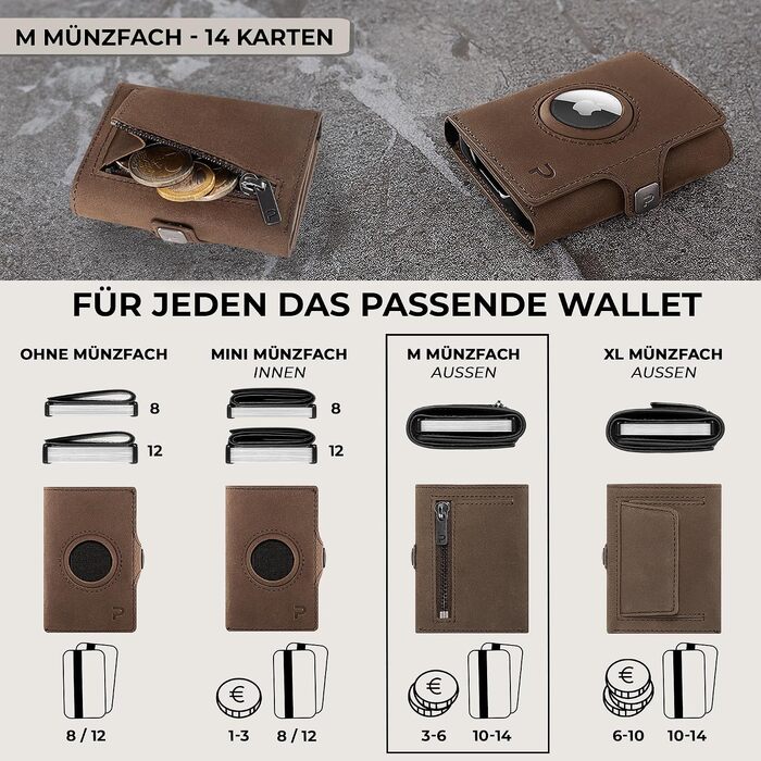 Шкіряний мінімалістичний гаманець KLIK Slim з монетницею та RFID-захистом для чоловіків, відділення для 10-12 карт та AirTag (Коричневий вінтаж)