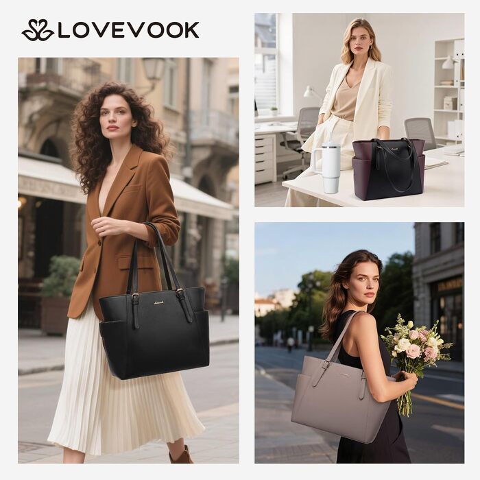 Жіноча сумка-шопер LOVEVOOK з екошкіри для ноутбука 15,6 дюймів, велика робоча сумка для вчителів та офісу, пудрова роза