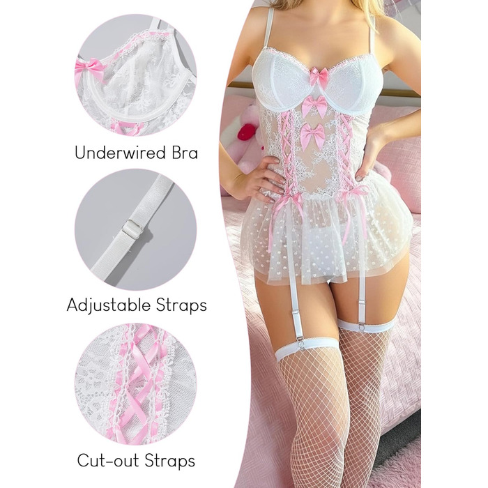 Комплект жіночої білизни FEOYA: мереживний боді, корсет, трусики, панчохи - білий, розмір M