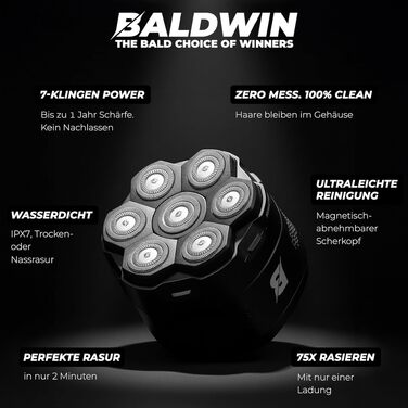 Тример для гоління голови BALDWIN 7D — Електрична бритва для чоловіків з магнітним різальним блоком, водонепроникна, для сухого та вологого гоління