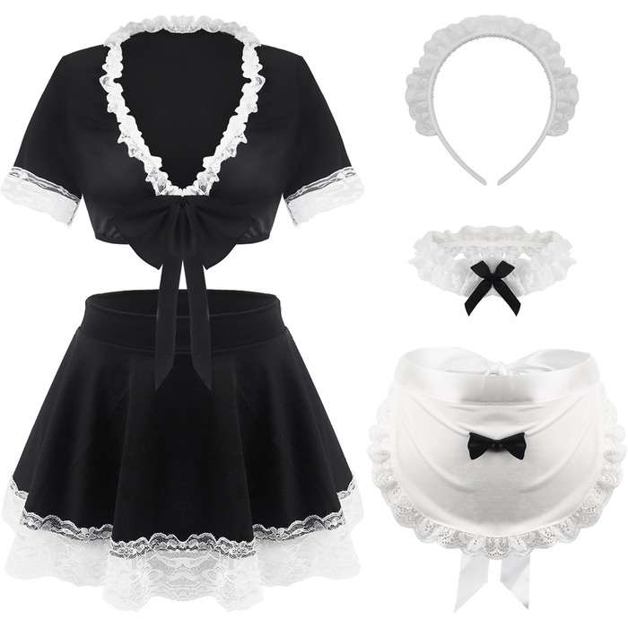 Костюм горничної для жінок: сукня з мереживним фартухом, косплей, чорний, розмір XXL-3XL