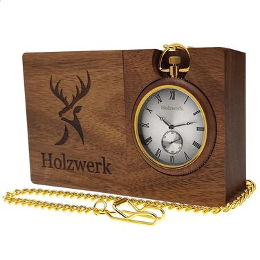 Настінний та кишеньковий годинник 2 в 1 Holzwerk Germany з натурального дерева, еко-дизайн, римські цифри, колір коричневий/золотий