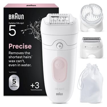 Епілятор Braun Silk-épil 5 (5-060) для жінок, водонепроникний пристрій для тривалої депіляції з тримером, пілінговою насадкою та бритвою, білий/рожевий