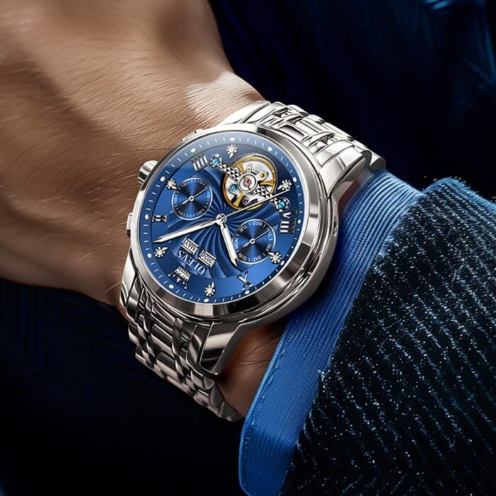 Чоловічий наручний годинник OLEVS Chronograph зі шкіряним ремінцем, японський кварцовий механізм, водонепроникний, класичний елегантний дизайн з датою (7088 Срібло/Синій)