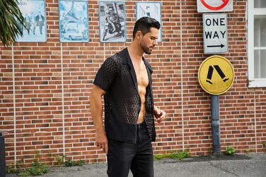 Чоловіча мереживна сорочка ABEHIK, чорна, з короткими рукавами, для вечірок та клубів