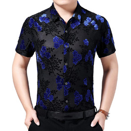 Чоловіча прозора сорочка з квітковим принтом, велюр, клубний стиль, блакитна, 3XL