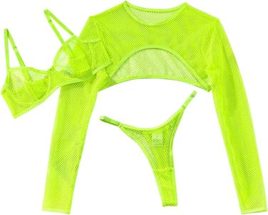 Костюм спідньої білизни Lilosy з мереживом та підтримкою кісточок, 3 шт. (Топ, Бра, Панталони), Неоновий зелений, XS