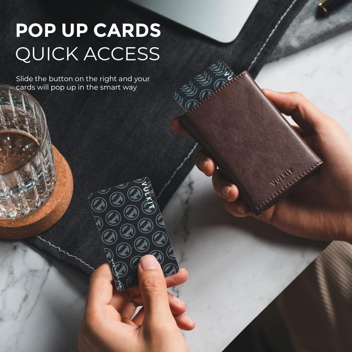 Шкіряний картхолдер VULKIT з RFID-захистом, pop-up механізмом, відділенням для купюр та віконцем для ID, колір Espresso