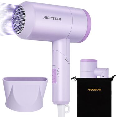 Складаний дорожній фен для волосся Aigostar 1800W з іонною технологією, 3 температурні режими, знімний сопло, фіолетовий