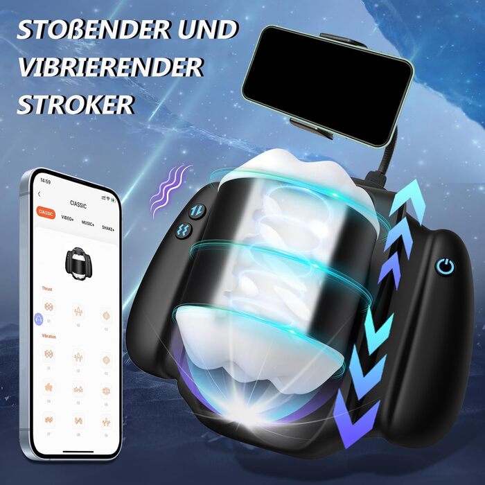 Електричний мастурбатор з тримачем для телефону, 10 вібрацій, телескопічна функція, керування через додаток для чоловіків