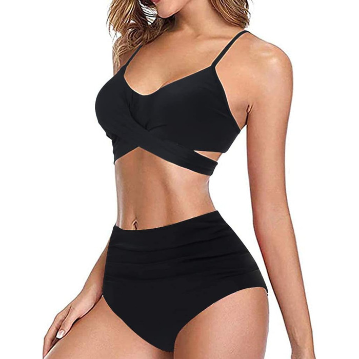 Бікіні JFAN з рюшами, пов'язка, пуш-ап, висока талія, зав'язки на спині, 2 шт. (Чорний, S)