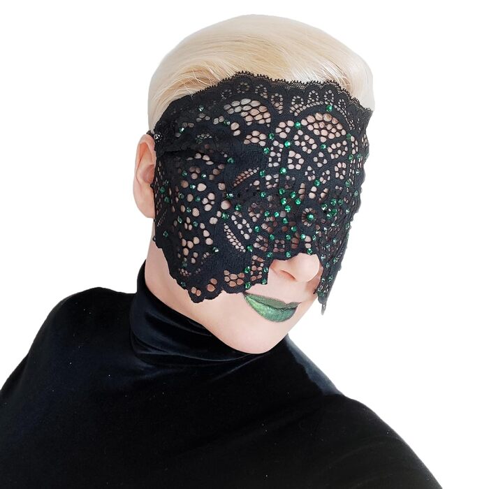 Ручна вишита мереживна маска на обличчя з камінням для жінок, чорна маска для маскараду, балу, карнавалу, весілля, бурлеску, косплею, Марді Гра (чорний колір, зелені камінці)