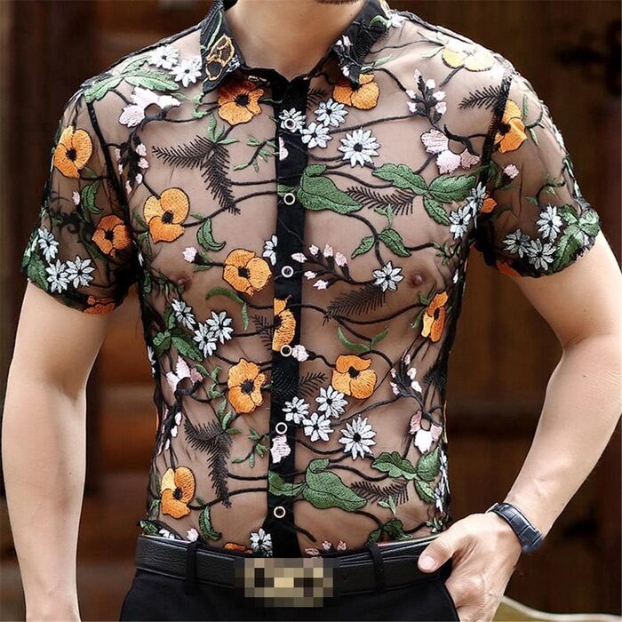 Чоловіча сорочка Deepsko з прозорим дизайном, мереживом та квітковою вишивкою, жовта, літня, з короткими рукавами