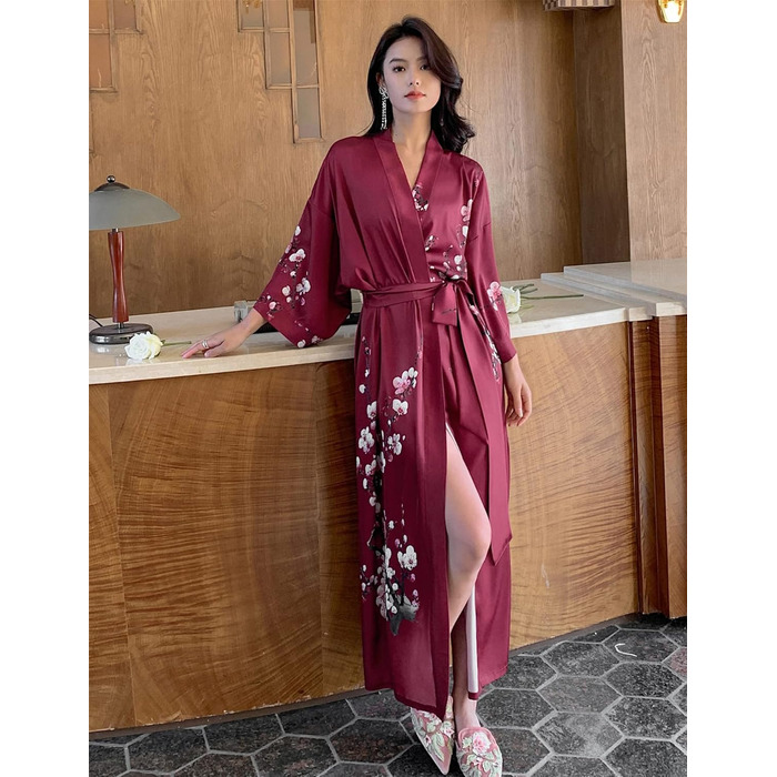 Жіночий халат з довгим рукавом з шовку, сатин, кімоно, квітковий принт, універсальний розмір (квіт павловнія, винний)