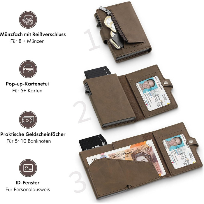 Тонкий чоловічий гаманець TENBST з RFID захистом та монетницею, преміум шкіряний картхолдер на 10 карток, чорний та помаранчевий (Коричневий)