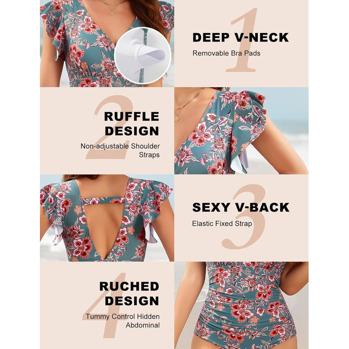 Жіночий купальник Yuson Girl з рюшами, V-подібний виріз, корегуючий, push-up, монокіні, з банджі, висока талія, для жінок (квітковий принт, XL)