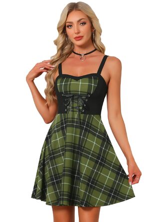 Allegra K: Сукня-батал з шнурівкою, готичний стиль, без рукавів, тартан, міні, зелений (хакі)