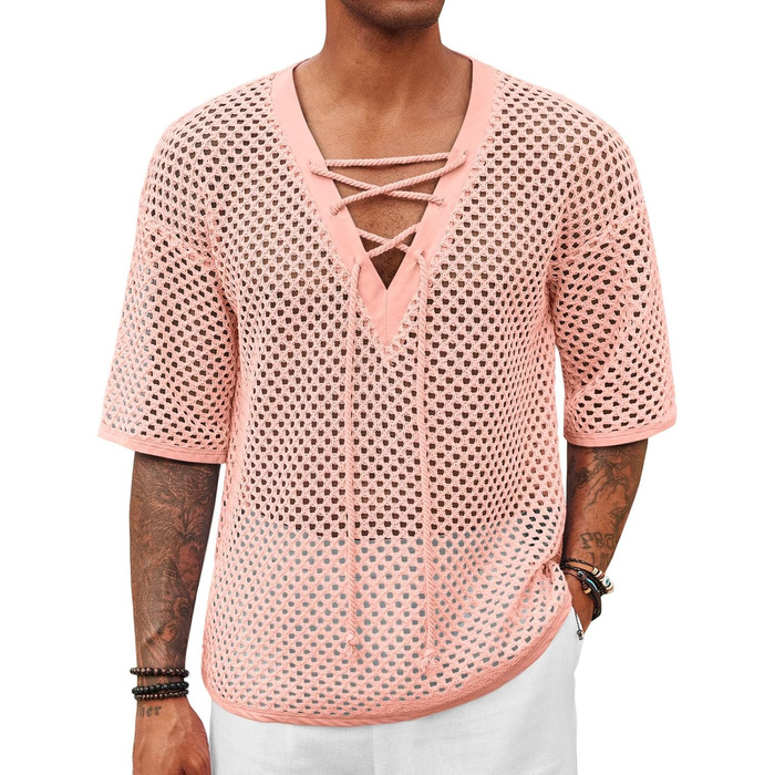 Чоловіча пляжна сорочка Runcati з шнурівкою, V-подібний виріз, в'язана, мереживна, прозора, літня сорочка (Рожева, L)