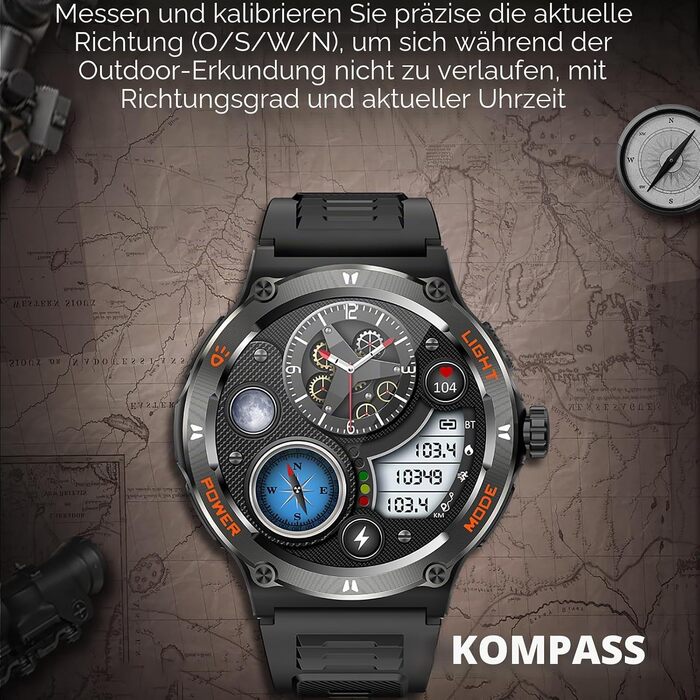 Смарт-годинник findtime Military: міцний тактичний годинник з компасом, LED-ліхтариком, функцією дзвінків та моніторингом серцебиття для Android та iOS, чорний