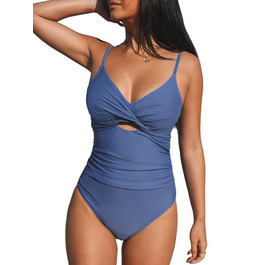 Купальник CUPSHE з V-подібним вирізом, ефект зав'язування, корегуючий, з декоративними вставками, суцільний, синій