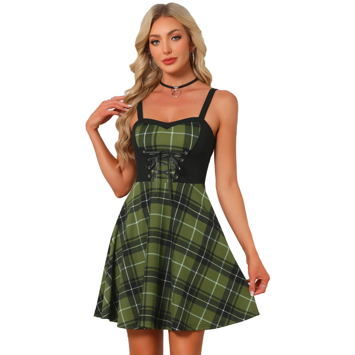 Allegra K: Сукня-батал з шнурівкою, готичний стиль, без рукавів, тартан, міні, зелений (хакі)