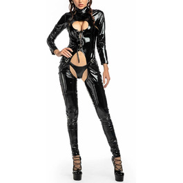 Жіночий боді з ефектом мокрого блиску Moinha з замком, лакована шкіра, довгі рукави, відкритий вигляд, глянцевий боді, комбінезон, спідня білизна, еротичний костюм, клубний одяг, боді з PU шкіри, комір-стойка