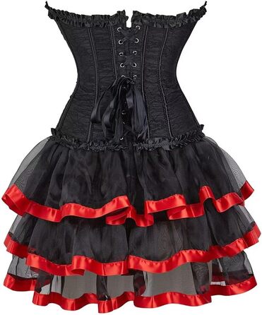 Сукня-корсет з корсетом, спідницею та корсажем, мереживо, шнурівка, вінтажний стиль, чорно-червоний (XXS)