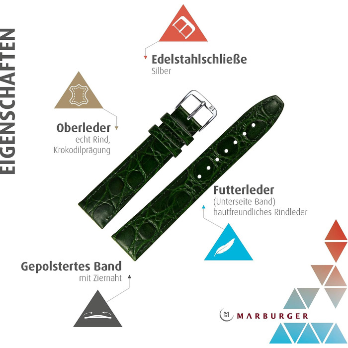 Шкіряний ремінець для годинника MARBURGER 18мм під крокодила (Caiman) з прошивкою, зелений/срібло, з набором інструментів для монтажу 52918