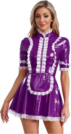 Костюм горничної MSemis: сексуальний набір нижньої білизни з ефектом мокрого блиску, готичний стиль, французький дизайн, костюм для косплею (4XL, фіолетовий)