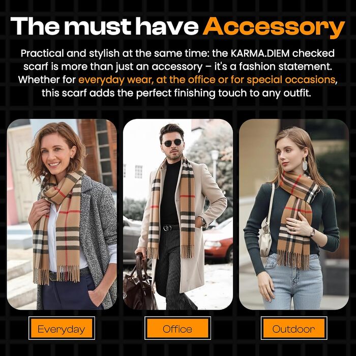 Унісекс шарф у клітинку KARMA.DIEM London Style, м'який зимовий шарф Classic Brown Plaid, 35x170 см